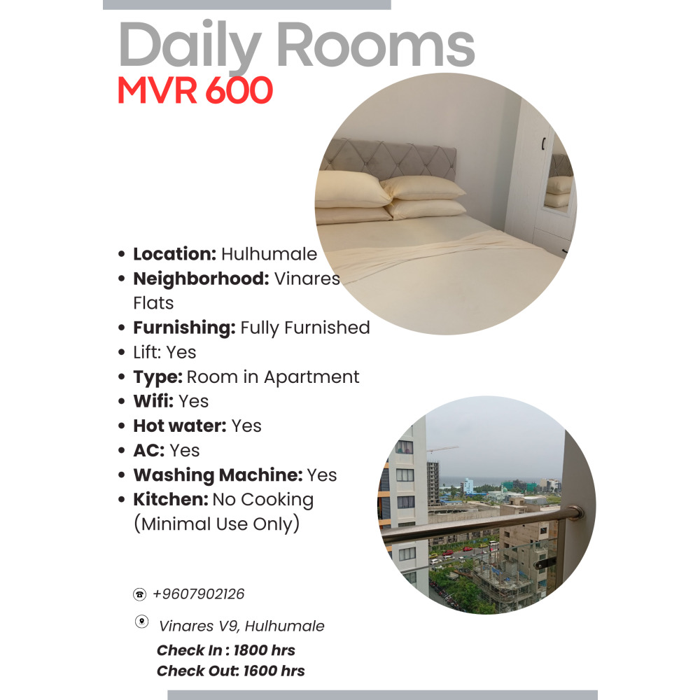 Room for Daily Rent (MVR600): Call (WhatsApp or Viber) — Hulhumalé