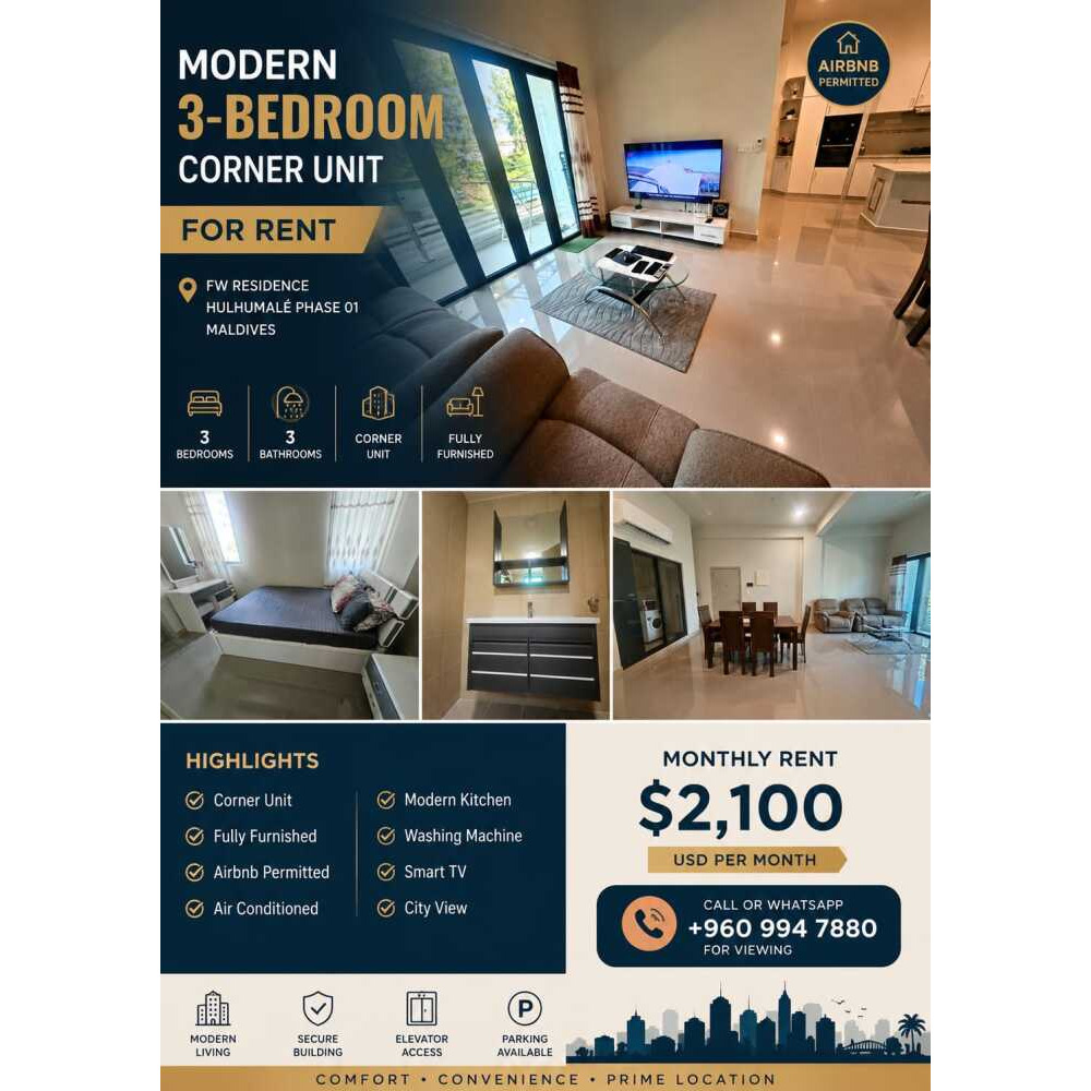 Modern 3 bedroom Luxury apartment for rent (FW Residence-Corner Unit) $2100 — Hulhumalé