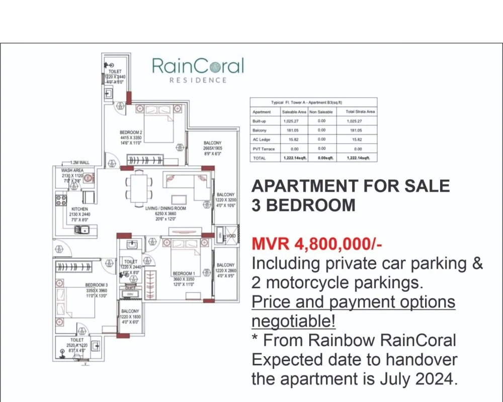 3 BEDROOM BRAND NEW APARTMENT FROM RAINCORAL TOWER FOR SALE! — Hulhumalé